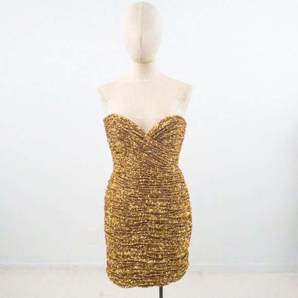 Vintage 90s SM Ruched Sequin Mini Party Dress Gold - Picture 5 of 16